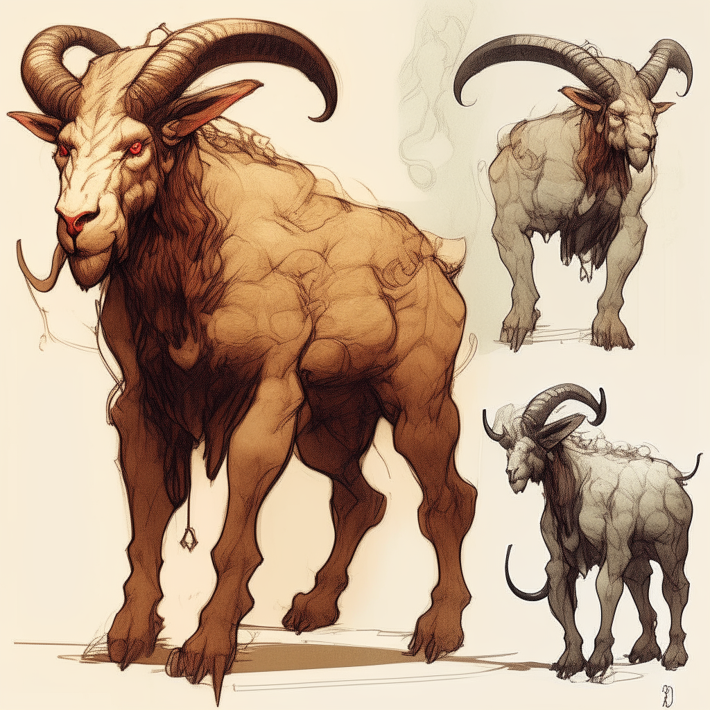 
To capture its commanding presence, fearsome appearance, and unique elegance, we'll need to pay attention to various elements. Start by sketching out the goat centaur's body structure with muscular legs and sharp claws. Emphasize the contrasting nature of its wild and refined aspects by using bold colors in your artwork.
Focus on detailing the male face, ensuring that it exudes both strength and sophistication. The Aries horns should be prominent on top of its head, adding to its majestic aura.
The upper body depicts a set of monstrous teeth that showcase both power and ferocity. Meanwhile, transforms its lower body into werewolf limbs with appropriate proportions and muscular definition.
The Victorian-style tuxedo should be meticulously designed using luxurious fabrics such as silk or velvet. Pay close attention to intricate details like buttons or lace trimmings to enhance its refinement further.
Consider placing the creature in a regal stance or capturing it in action to emphasize its speed and agility. Use dynamic poses that convey authority while showcasing elegance at the same time.
Feel free to add additional elements or background scenery that complements this mythical being's story. This could include an enchanted forest backdrop or other fantasy-inspired settings that enhance the overall composition.