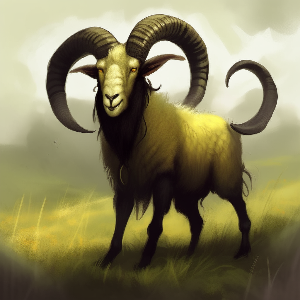 A hybrid creature with the head of a ram, torso of a man, and lower body of a goat. It has dark brown fur and piercing yellow eyes, standing proudly in a grassy field.