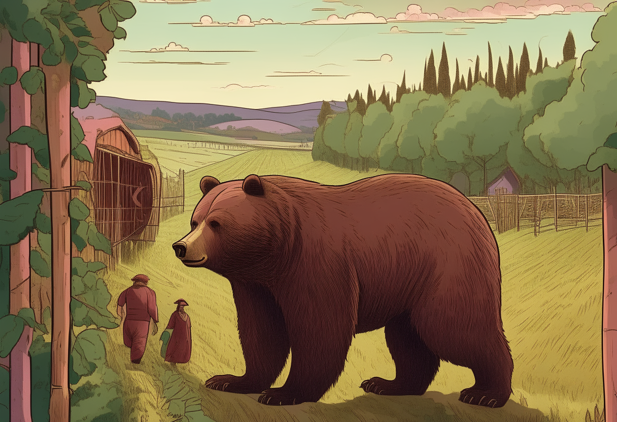 A large brown bear walks away from a vineyard amid cries from Bulgarian peasants in the background. The bear looks offended as it leaves the vineyard among grape vines and barrels under an afternoon sky.