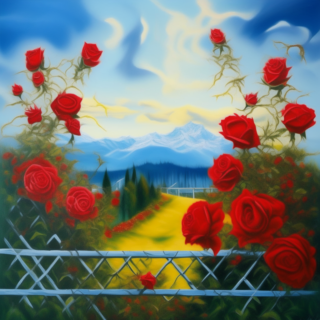 Zhostovo painting against the background of a blue-blue sky with a bright yellow sun, bright red roses branch upward, wrapping around a diamond-shaped white fence in the style of Fedoskino painting on a green meadow and high mountains