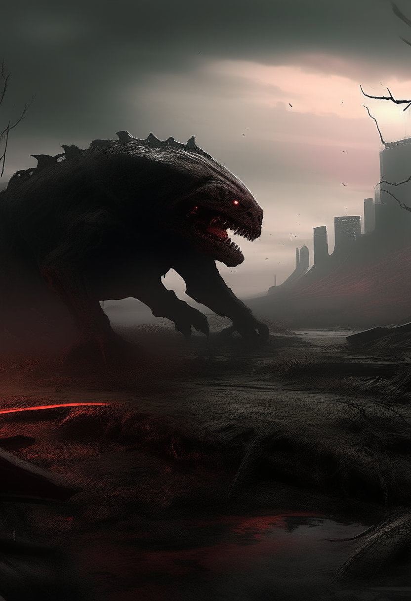 Generate an animation video depicting a post-apocalyptic and devastated landscape. In the center of the scene, a gigantic super predator, entirely black in color, slowly emerges, adorned with glowing and menacing red eyes. The creature should possess terrifying features and be surrounded by an intense atmosphere. As it navigates through the ravaged environment, it leaves traces of destruction in its wake. The video should capture the magnitude and ferocity of this supernatural creature, creating a sense of suspense and awe in the viewer