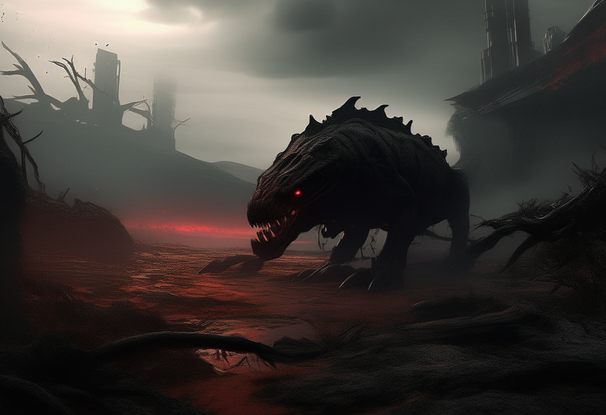 Generate an animation video depicting a post-apocalyptic and devastated landscape. In the center of the scene, a gigantic super predator, entirely black in color, slowly emerges, adorned with glowing and menacing red eyes. The creature should possess terrifying features and be surrounded by an intense atmosphere. As it navigates through the ravaged environment, it leaves traces of destruction in its wake. The video should capture the magnitude and ferocity of this supernatural creature, creating a sense of suspense and awe in the viewer