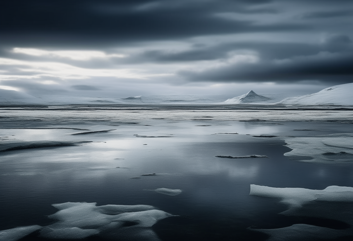 A vast frozen landscape under an ominous grey sky, icy waters stand still, reflecting the desolate world