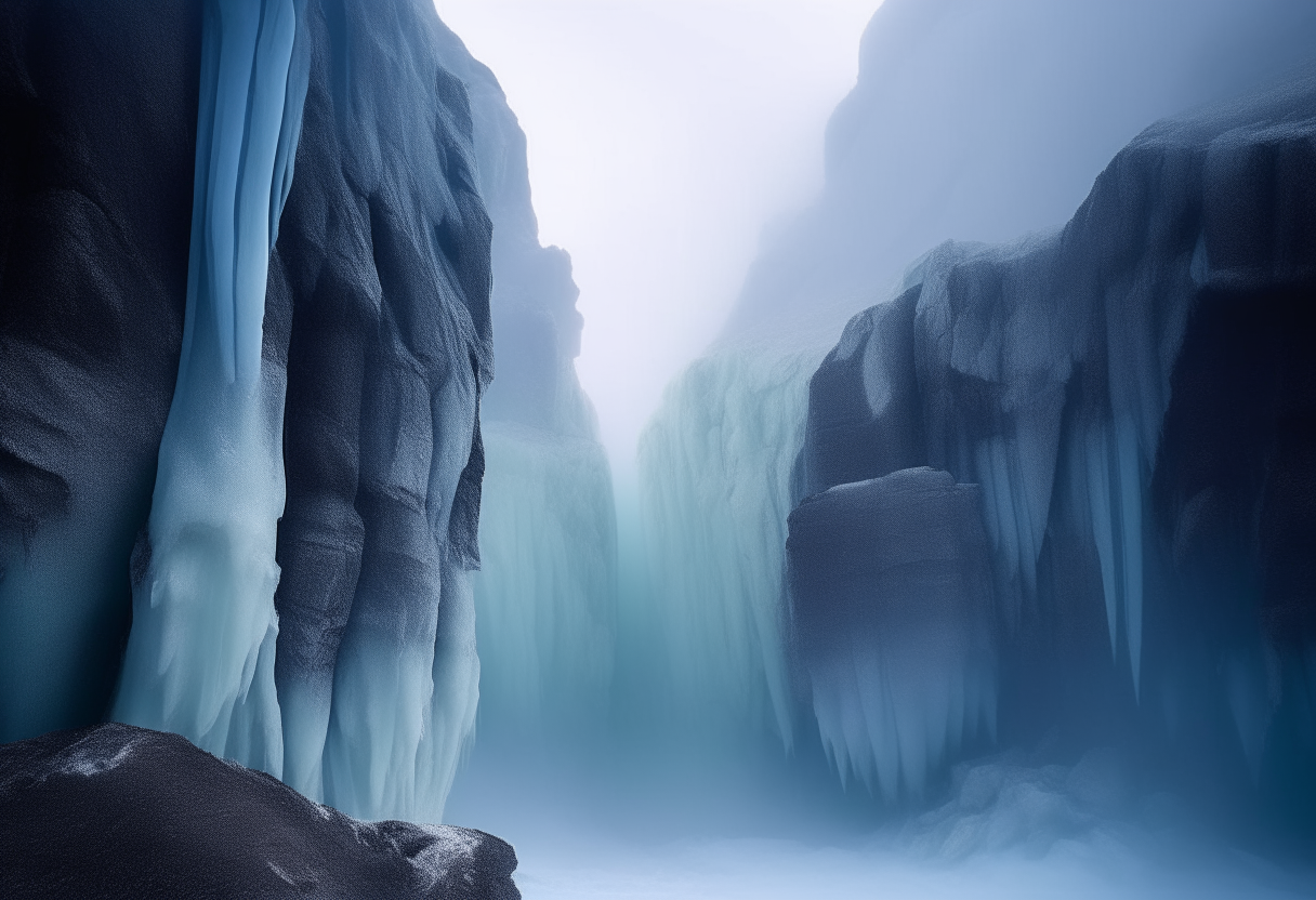 Eerie mist hangs heavy over icy cliffs, casting a faint glow on crystalline formations clinging to rocky walls