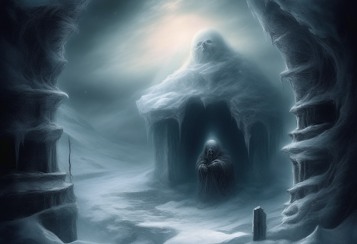 Beneath the frozen surface, the anguished souls of the condemned are barely visible, caught in eternal suffering