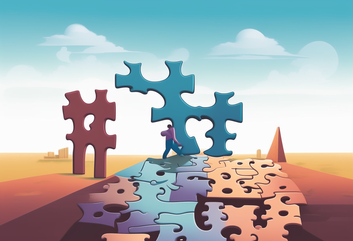 A road made of puzzle pieces stretching to the horizon, with a man fitting the missing piece into place, Disney animation style