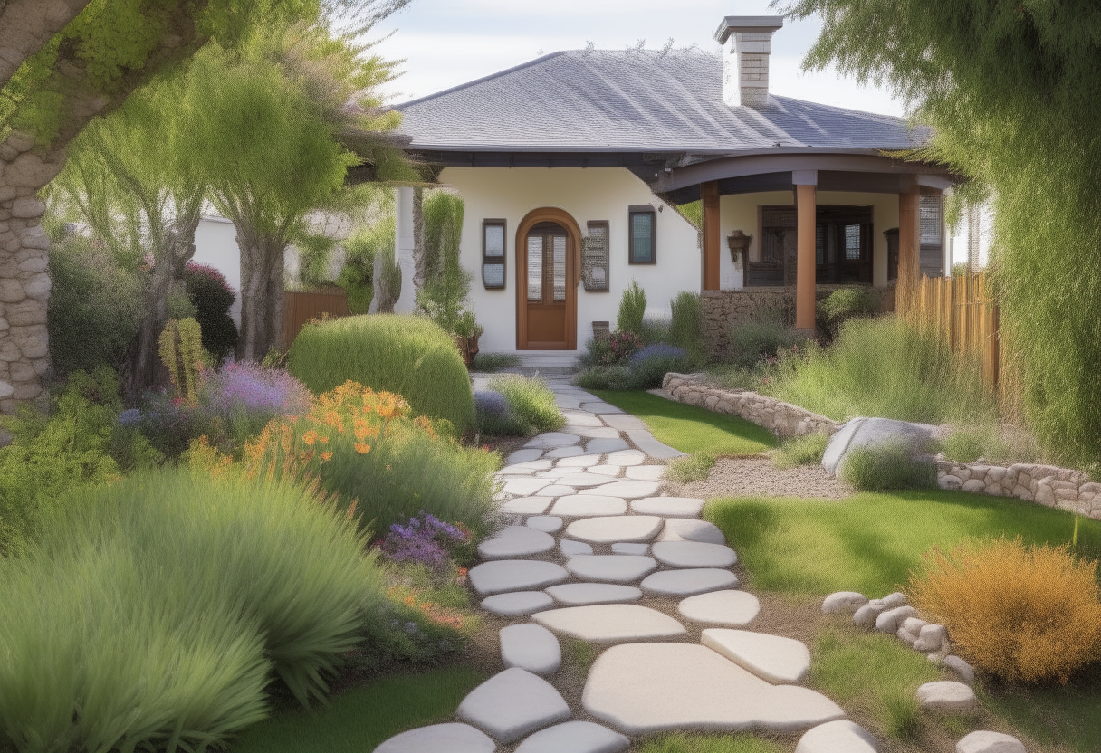 the front yard of a house, landscaped with a stone path, low-maintenance plants and an arbor entrance