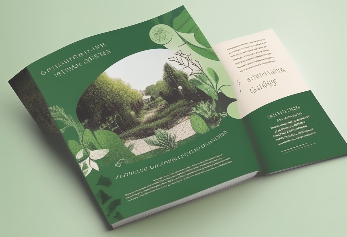 cover design concept for a brochure about an eco-friendly landscaping company, with the logo, plants and the slogan 'Conserving nature through design'