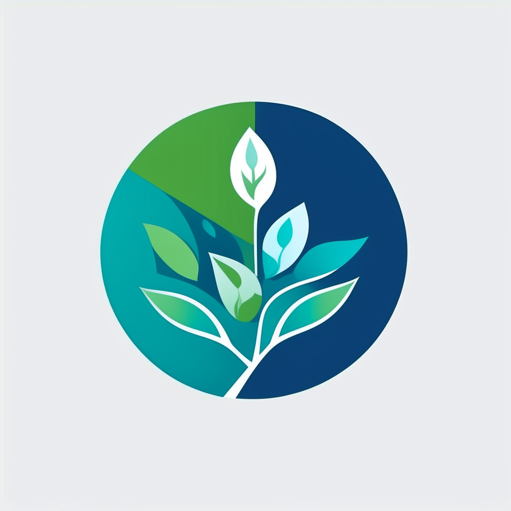 a modern logo for an eco-friendly landscaping company, with plants and leaves in green and blue colors