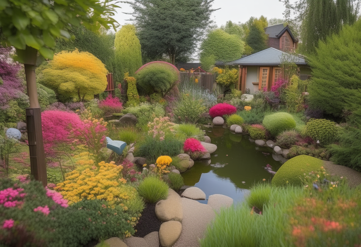 a beautifully landscaped backyard with flowering shrubs, trees and a koi pond