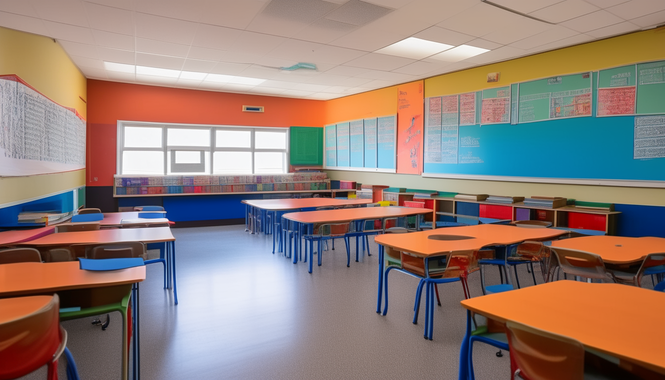 A smiling 5-year-old girl with braided hair sits at her desk in the front row of a colorful classroom. She waves to the camera.