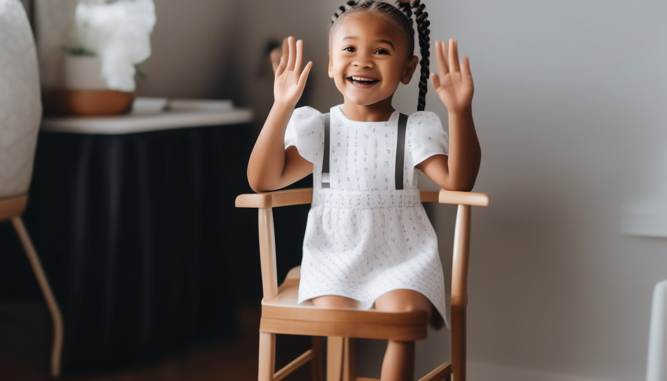 A smiling 5-year-old girl with braided hair stands on her chair, waving to the camera. She is wearing white sneakers.