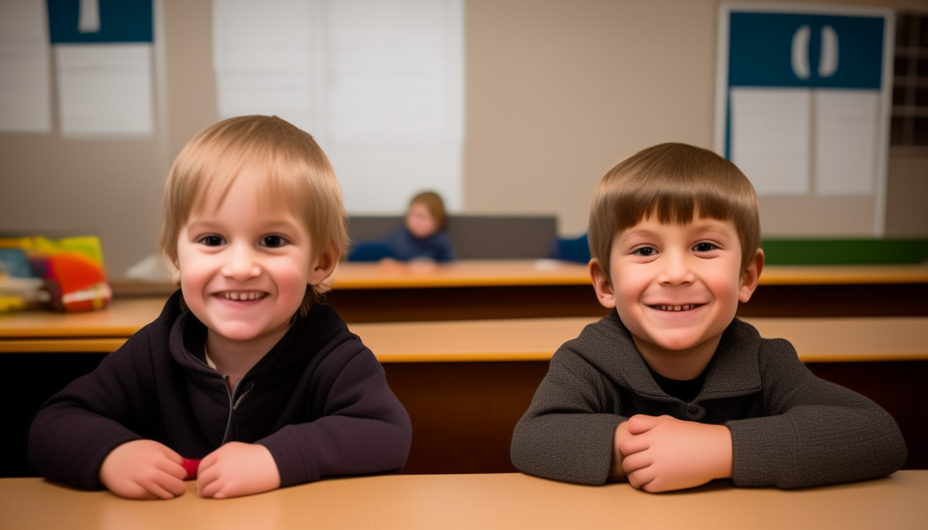 Two smiling 4-year-old boys sit at adjacent desks in the front row of a classroom, facing the camera