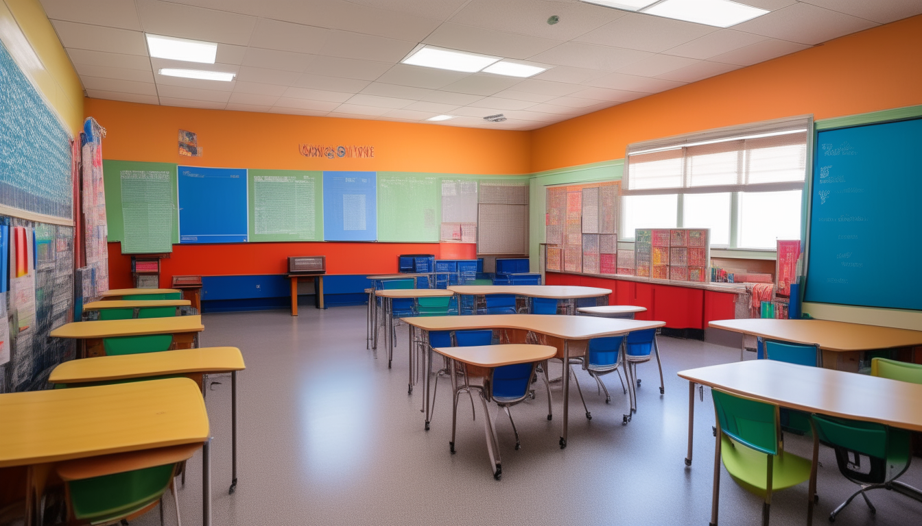 A view of a colorful elementary school classroom from the front, with desks and a whiteboard visible