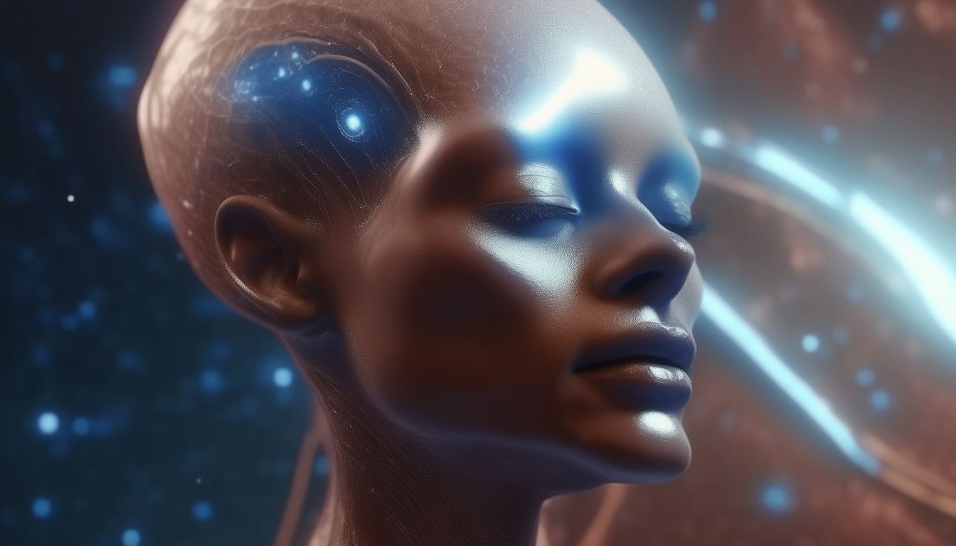 an alien goddess with her mouth open and the reflection of the cosmos in her eyes, cosmic space dust waves through the universe in the background, highly detailed, photo realistic, 4k quality, dark sci-fi fantasy style