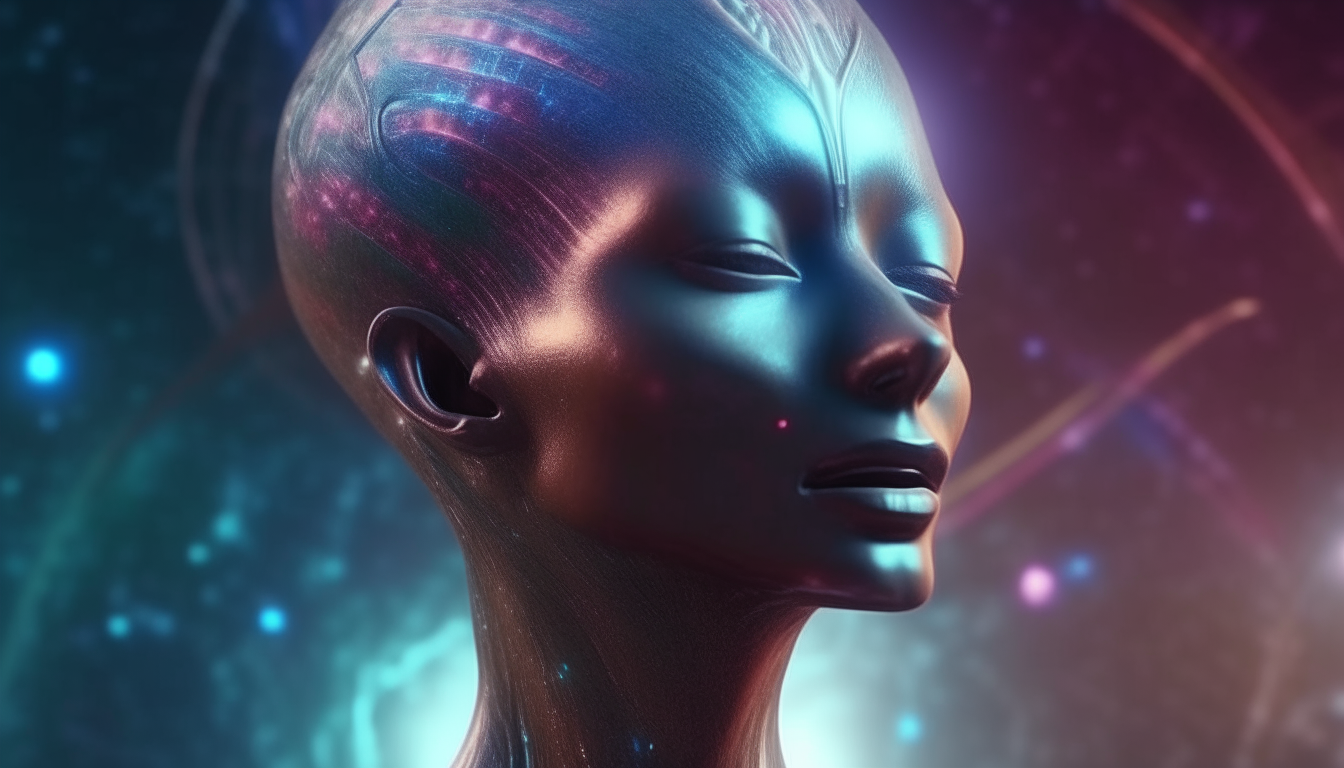 alien goddess with mouth open reflecting cosmos in eyes, cosmic space dust waves crazy colors through universe background, highly detailed, photorealistic, 4k, 16:9 aspect ratio, dark sci-fi fantasy style