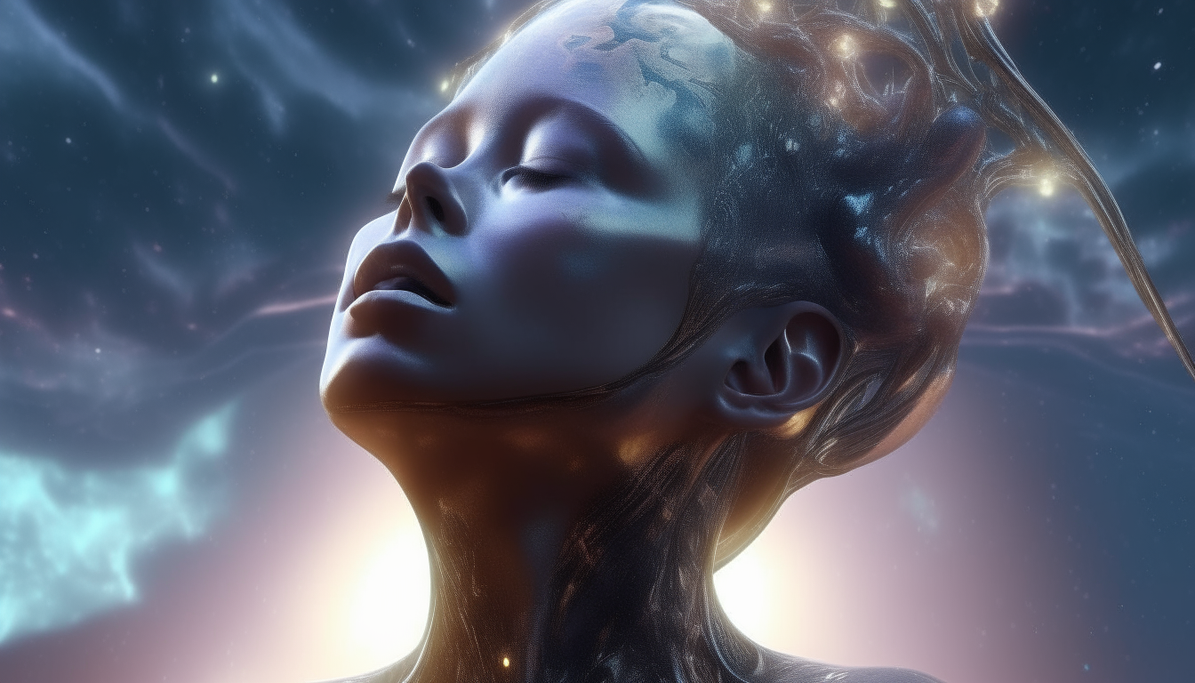 alien goddess with the universe swirling inside her clear membrained mind, reflective liquids pouring from her open mouth, galactic clouds surrounding her, photorealistic 4k quality, highest detail, 16:9, dark sci-fi fantasy style, cinematic lighting