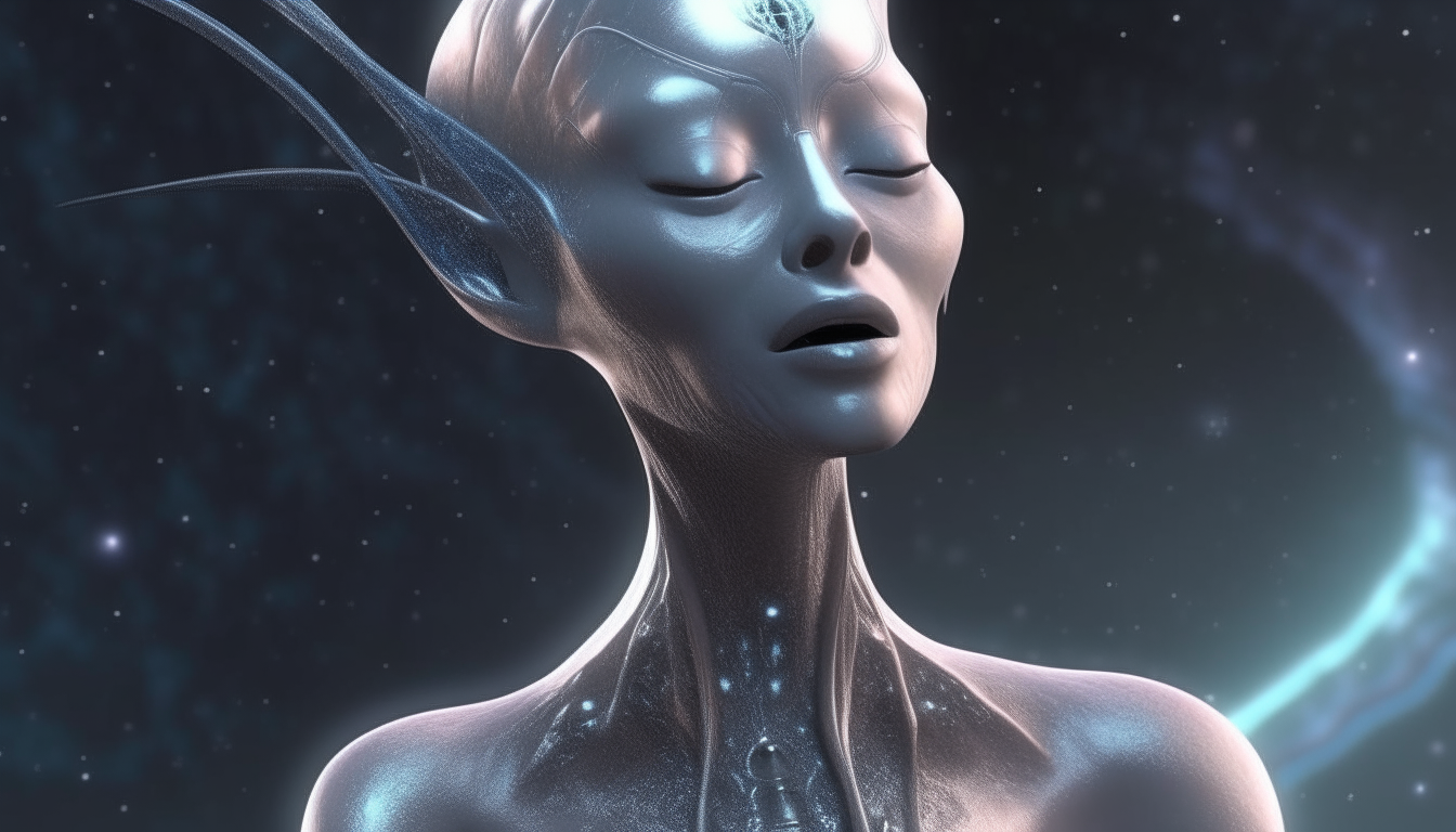 an alien goddess with an elongated head, gray skin, completely black eyes, and a swirling galaxy visible inside her clear brain, liquids pouring from her mouth onto her chest, 16:9, photorealistic 4k sci-fi fantasy art