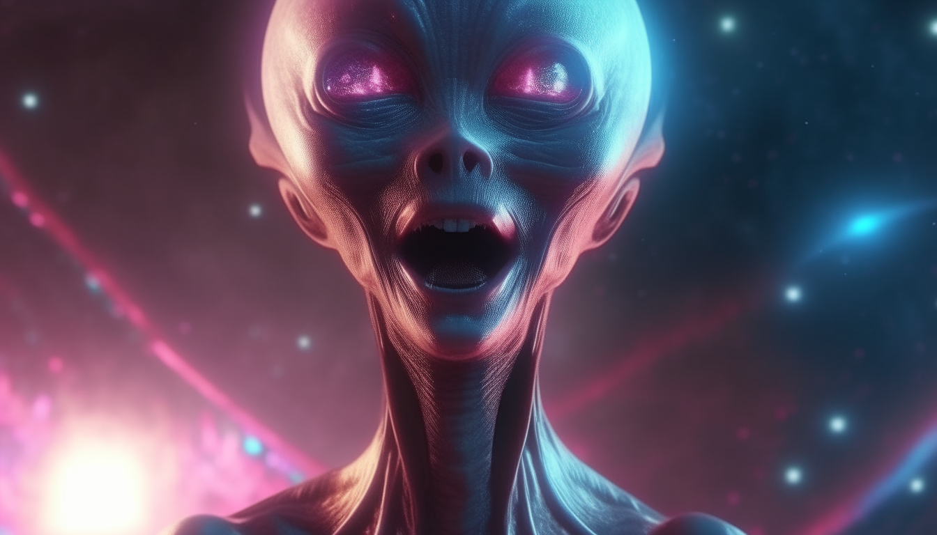 alien goddess with mouth wide open, glowing orbs drifting out, reflecting cosmos in eyes, cosmic space dust waves crazy colors in universe background, highly detailed, photorealistic 4k, cinematic dark sci-fi fantasy style