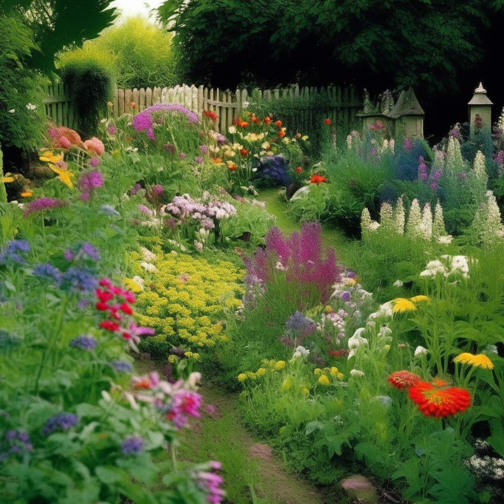 a lush garden in bloom, with flowers of all kinds bursting with life