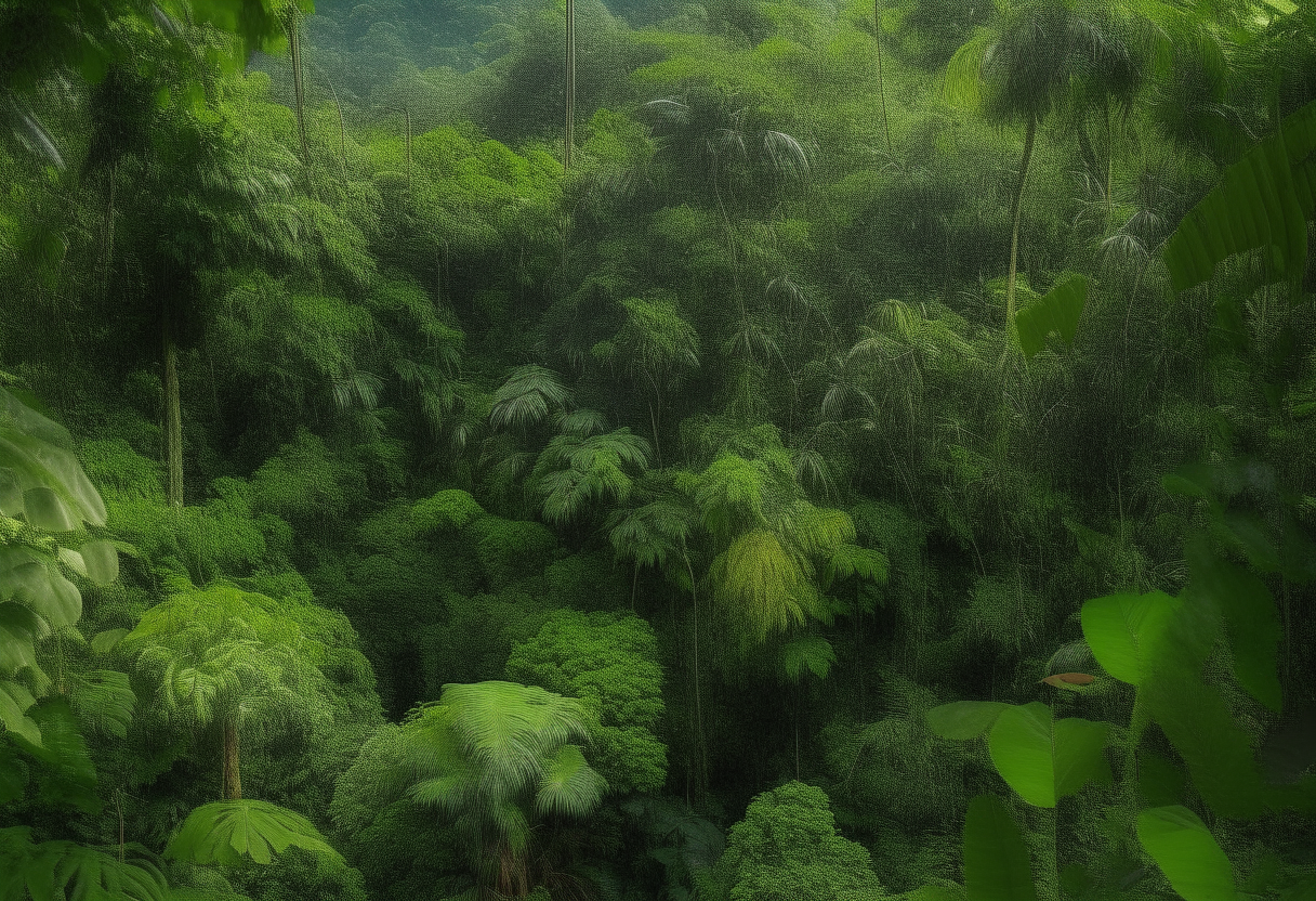 a dense jungle canopy filled with vibrant greenery