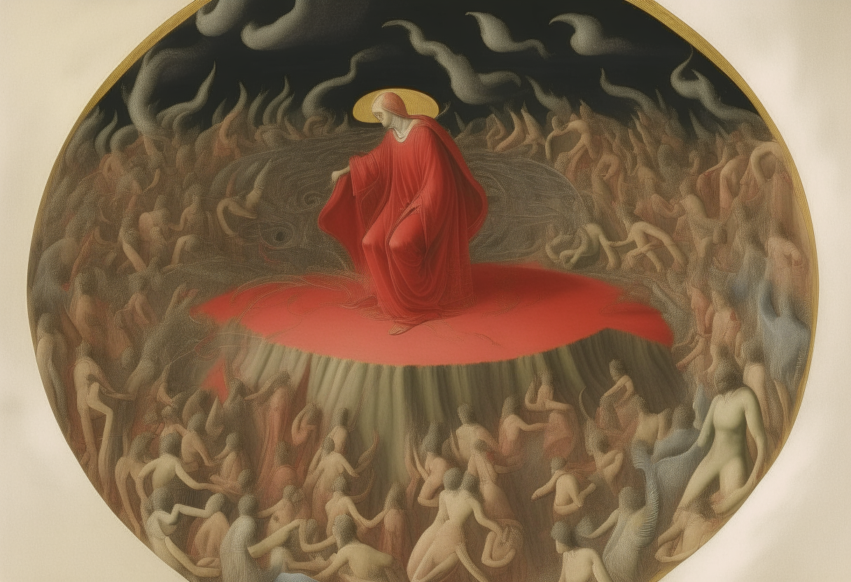 "Generate a compelling visual representation of Dante Alighieri's depiction of the circle of the lustful, caught in a tempestuous storm, as described in the Divine Comedy. 