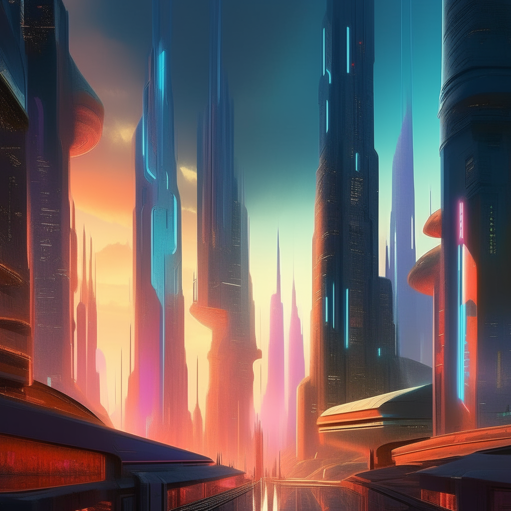 Design a bustling metropolis with futuristic skyscrapers towering over a vibrant cityscape. Employ a surrealistic art style to infuse an otherworldly atmosphere.