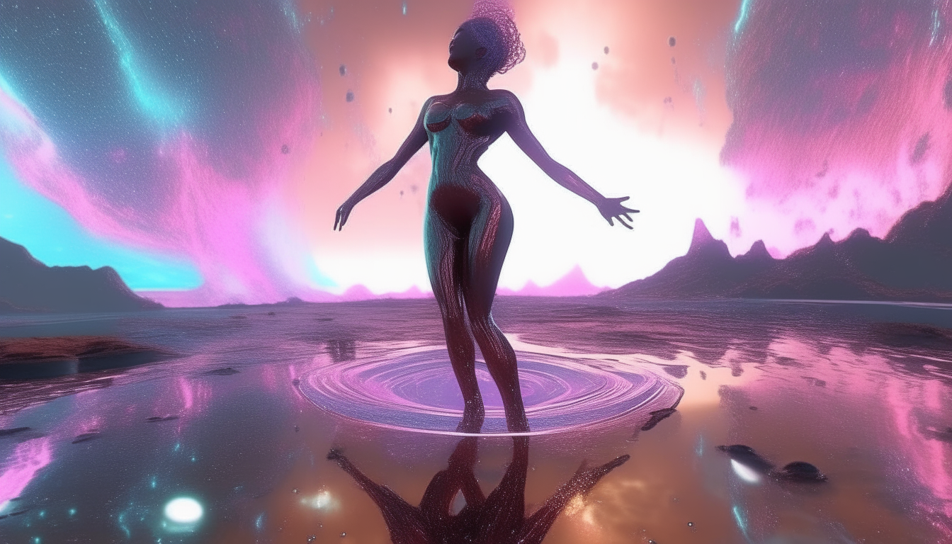 alien goddess dancing through reflective liquid pools on a chrome alien planet, with alien beings descending from colourful cosmic dust clouds, highly detailed, 4k quality, dark sci-fi fantasy style