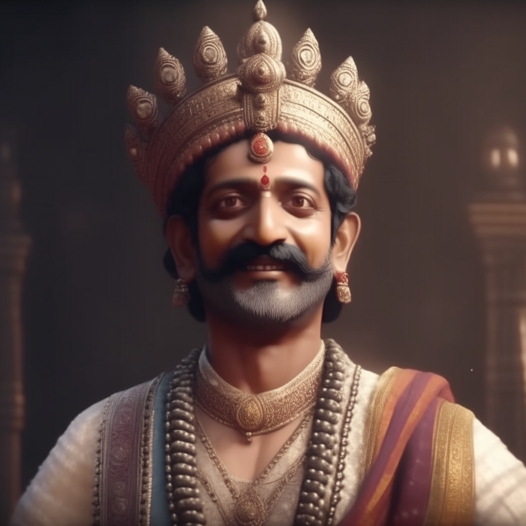 King Vikramaditya of Ujjain, India, with full royal attire including crown, sharp features, smile on the face, short hair, sideburns, upward mustache, day, bright light, realistic, 4k, 16:9