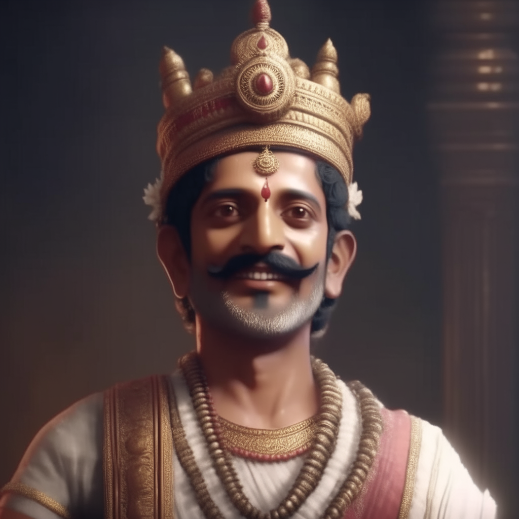 King Vikramaditya of Ujjain, India, with full royal attire including crown, sharp features, smile on the face, short hair, sideburns, upward mustache, day, bright light, realistic, 4k, 16:9