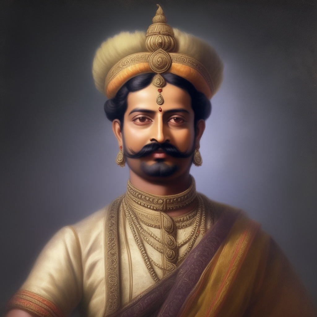 King Vikramaditya of Ujjain State in India, aged 35, well built, short hair, pointed mustache, sharp facial features, wearing full royal attire, including crown, realistic, 4k, 1:9