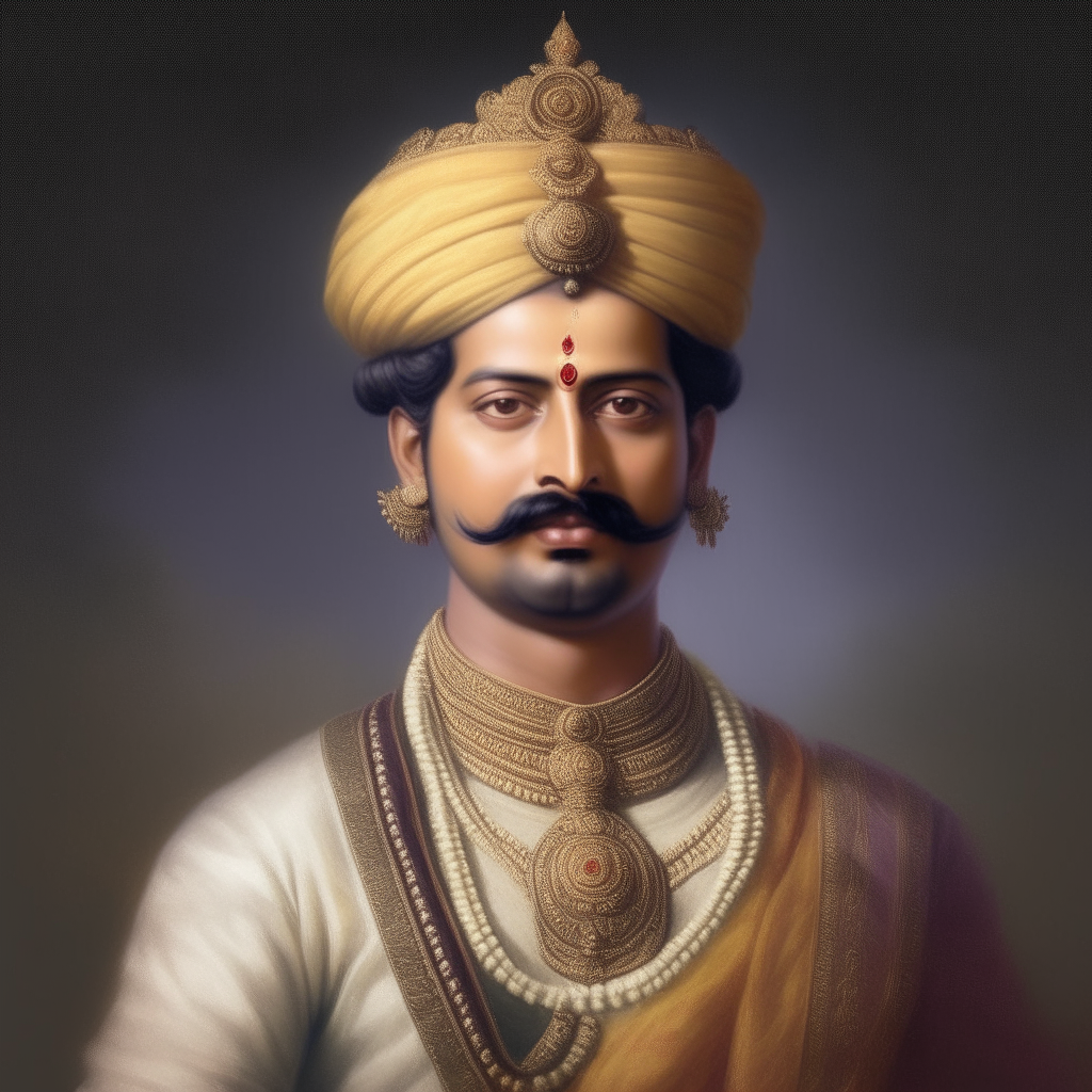 King Vikramaditya of Ujjain State in India, aged 35, well built, short hair, pointed mustache, sharp facial features, wearing full royal attire, including crown, realistic, 4k, 1:9