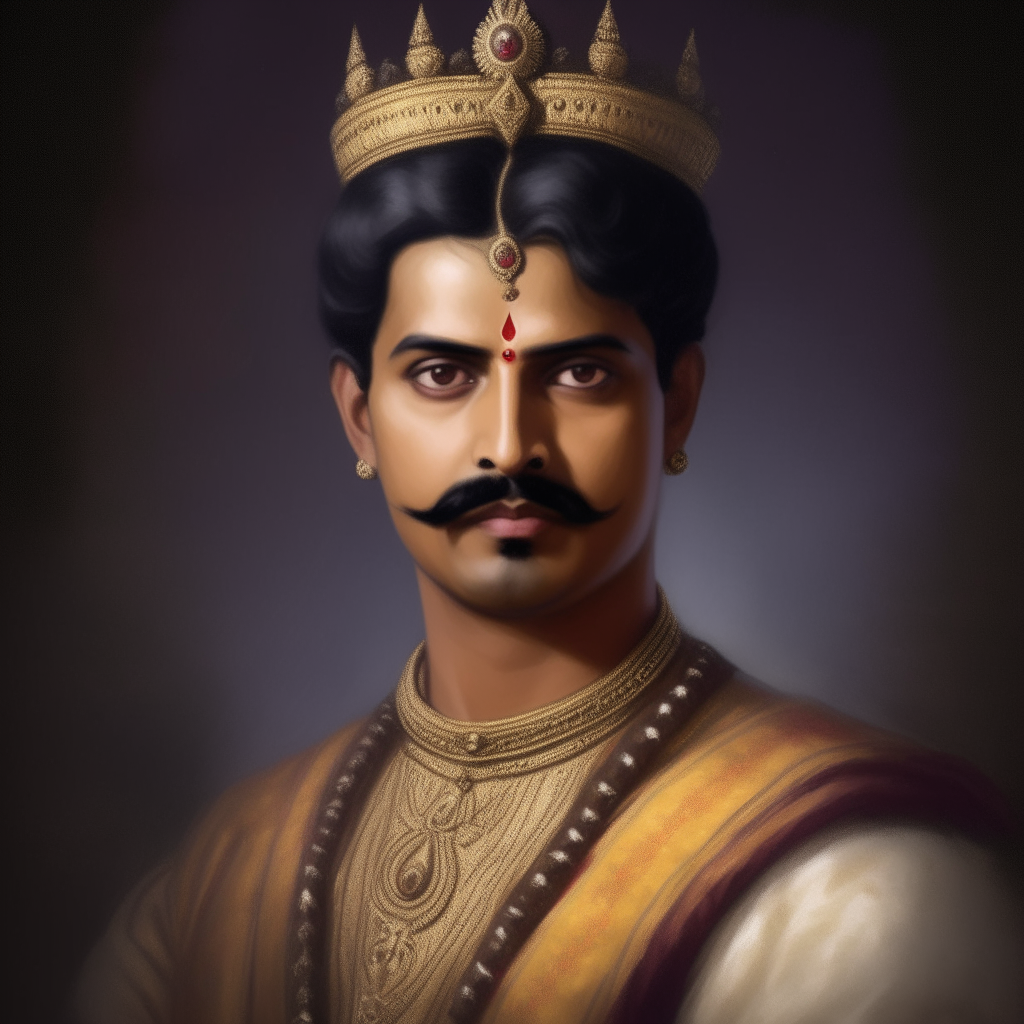 a portrait painting of a young, handsome Indian king wearing an ornate crown and royal robes, with short black hair, a pointed mustache, sharp features, and a wise, dashing look in his eyes