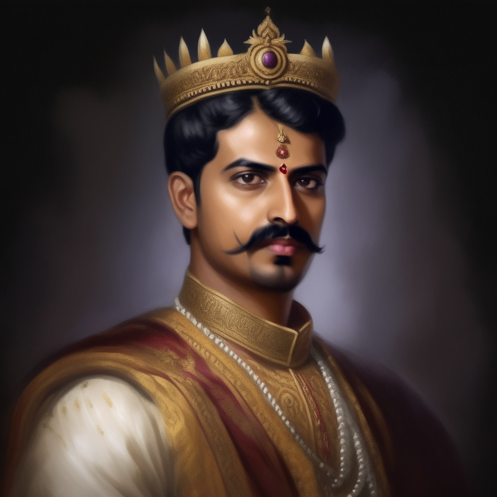 a portrait painting of a young, handsome Indian king wearing an ornate crown and royal robes, with short black hair, a pointed mustache, sharp features, and a wise, dashing look in his eyes