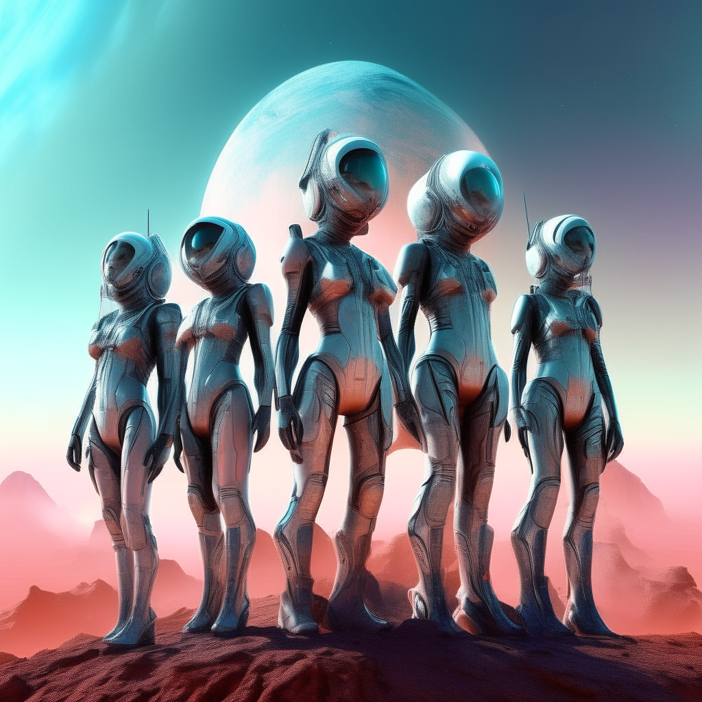 a group of alien women in futuristic spacesuits standing on top of a planet, digital art