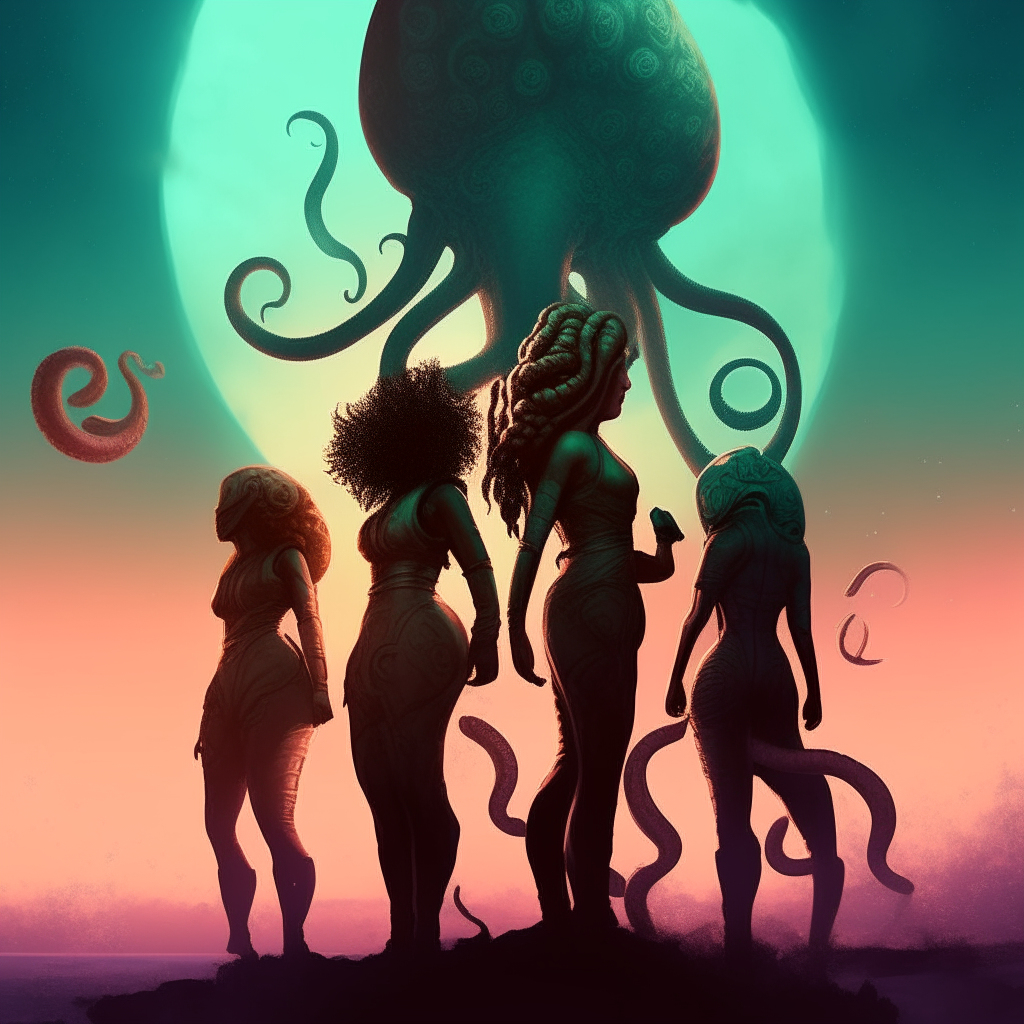 a group of alien women with tentacles for hair standing on top of a planet, digital art