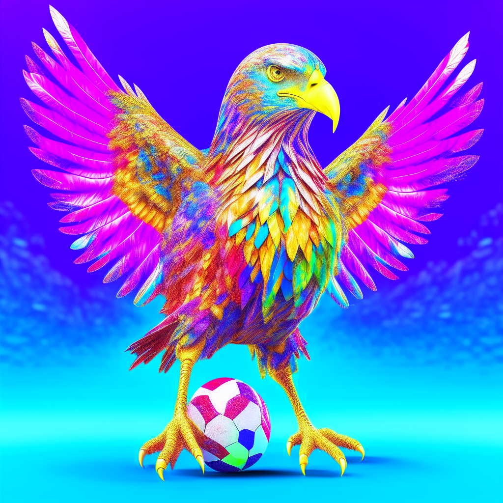 🔷 Ready
 Create a hyper-realistic 3D eagle.  He uses his foot to step on the soccer ball.  Amazing digital art  Poster composition  The logo reads: "Friend 3k Foot ball club. 3D rendering inspired by [Pamela Ascherson]. Imaginative realism.  Awesome Symmetry by [Bernd Fasching] Amazing surreal splash screen art.  Rendered illustrations