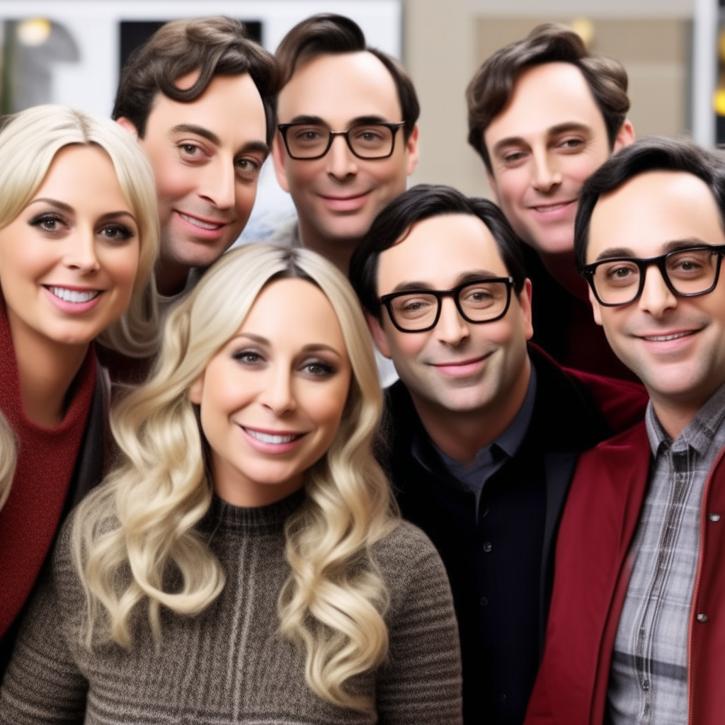 The main cast from the Big Bang Theory sitcom posing together and smiling