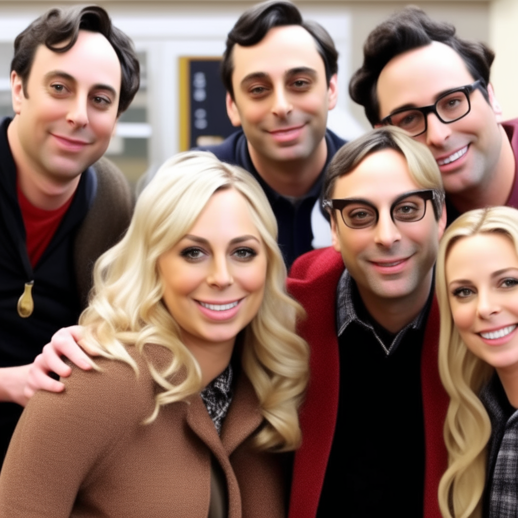 The main cast from the Big Bang Theory sitcom posing together and smiling