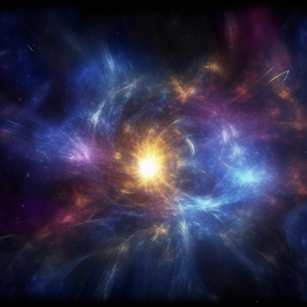 an artistic rendition of the universe during the big bang, with bright light and energy expanding rapidly into darkness