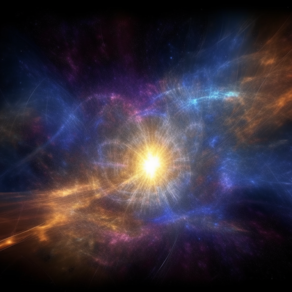 an artistic rendition of the universe during the big bang, with bright light and energy expanding rapidly into darkness