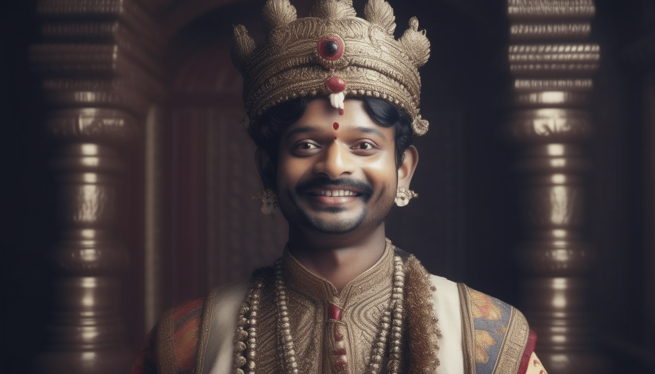 King Vikramaditya of Ujjain State, India, aged 35 years, well built, wise, wearing royal attire, crown, smile on face, daytime lighting, extremely detailed 4k photo