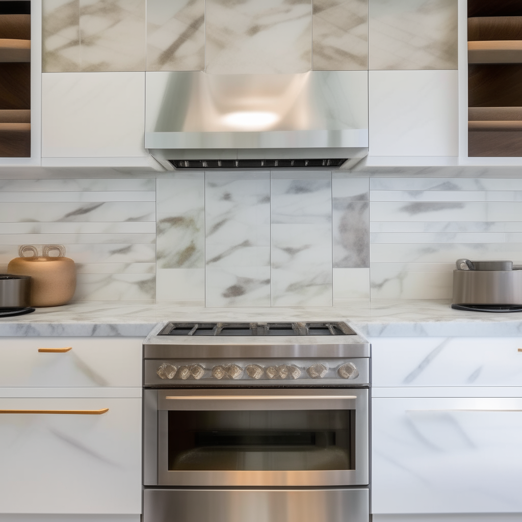 Calacatta Murano marble tile backsplash, mosaic pattern with subtle variations in color and texture