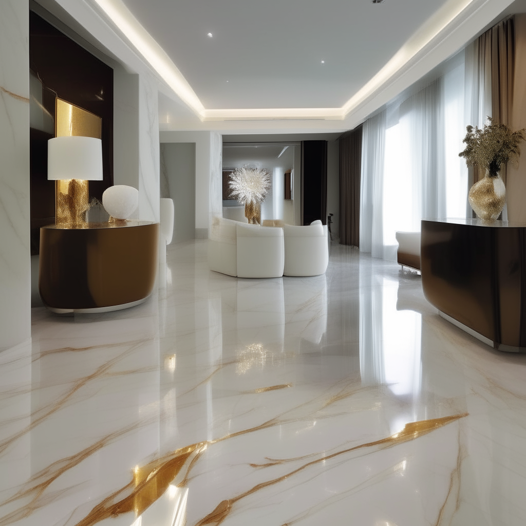 Calacatta Murano marble flooring, polished surface reflecting ambient light