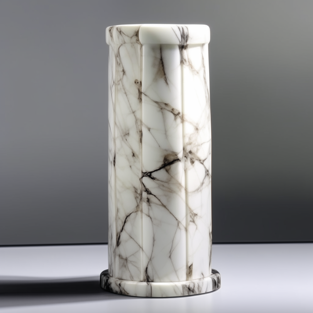 Calacatta Murano marble column, veined patterns wrapping around the cylindrical form