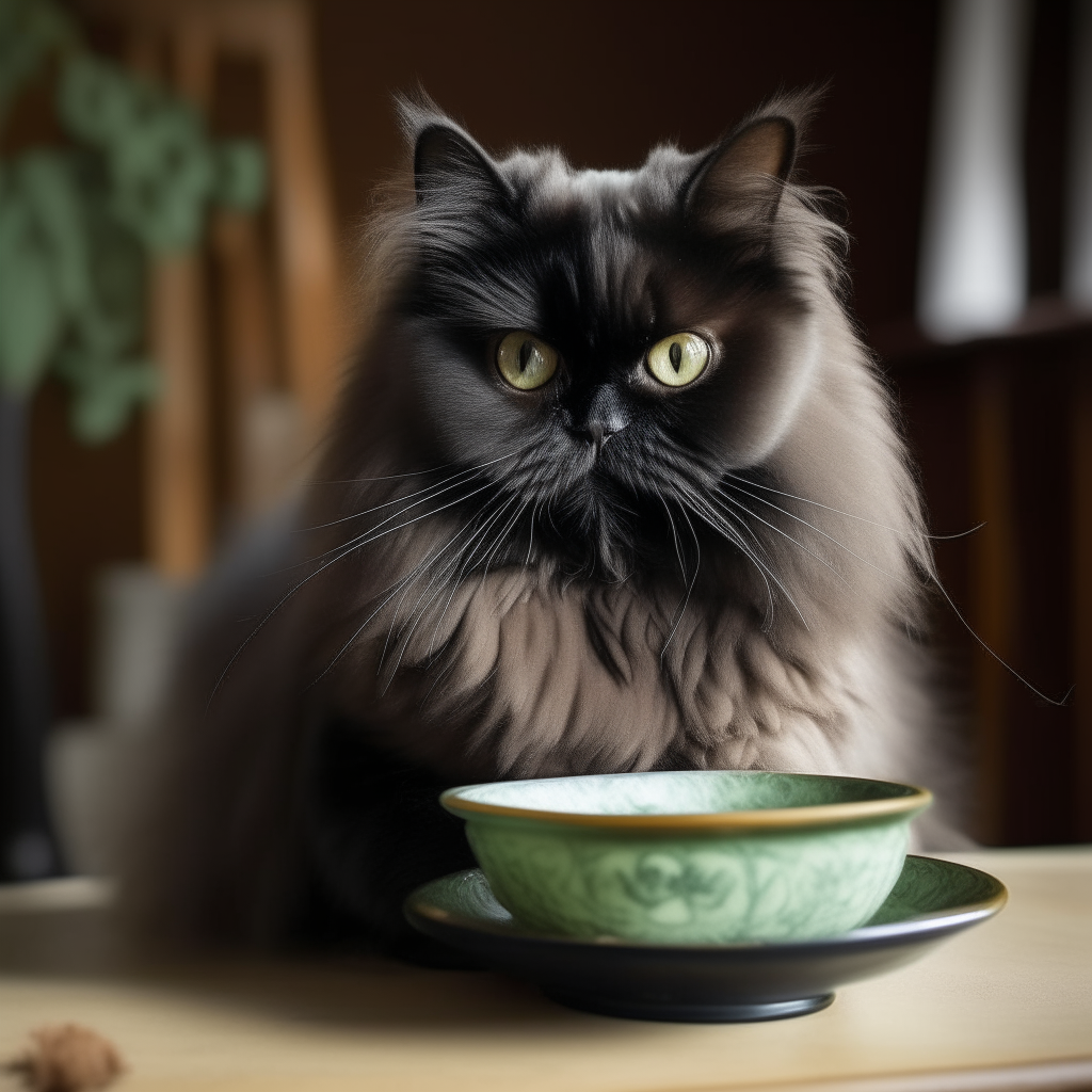 a black Persian cat sitting next to a bowl of milk on a table detailed fur, green eyes