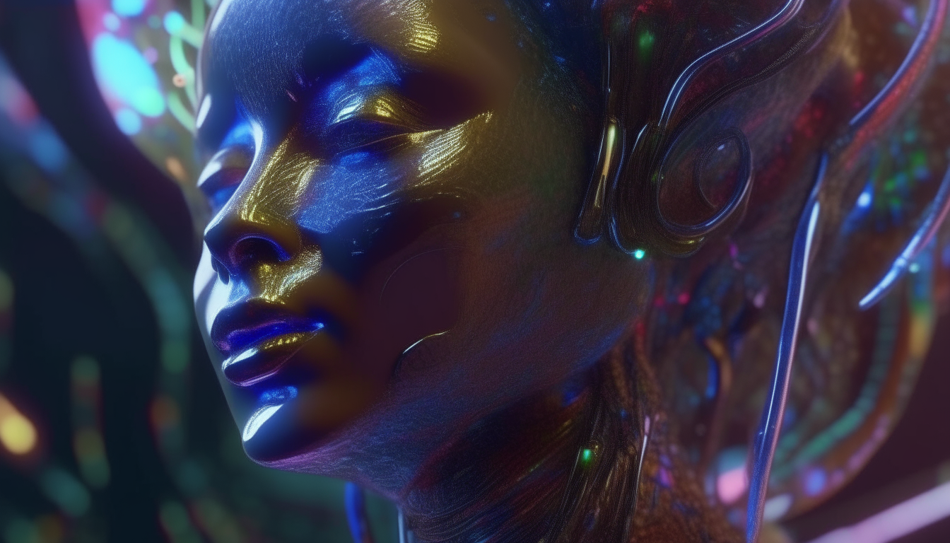 close up of alien goddess with the reflective liquids of the alien new world swirling around her as the galactic universe waves of colours, highest level of intricate details, 4K quality, dark sci-fi fantasy style