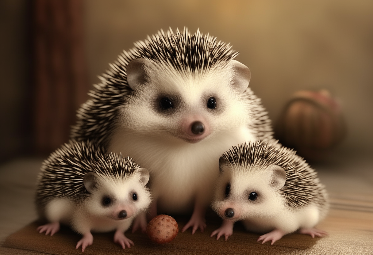 a realistic hedgehog with two little cute baby hedgehogs