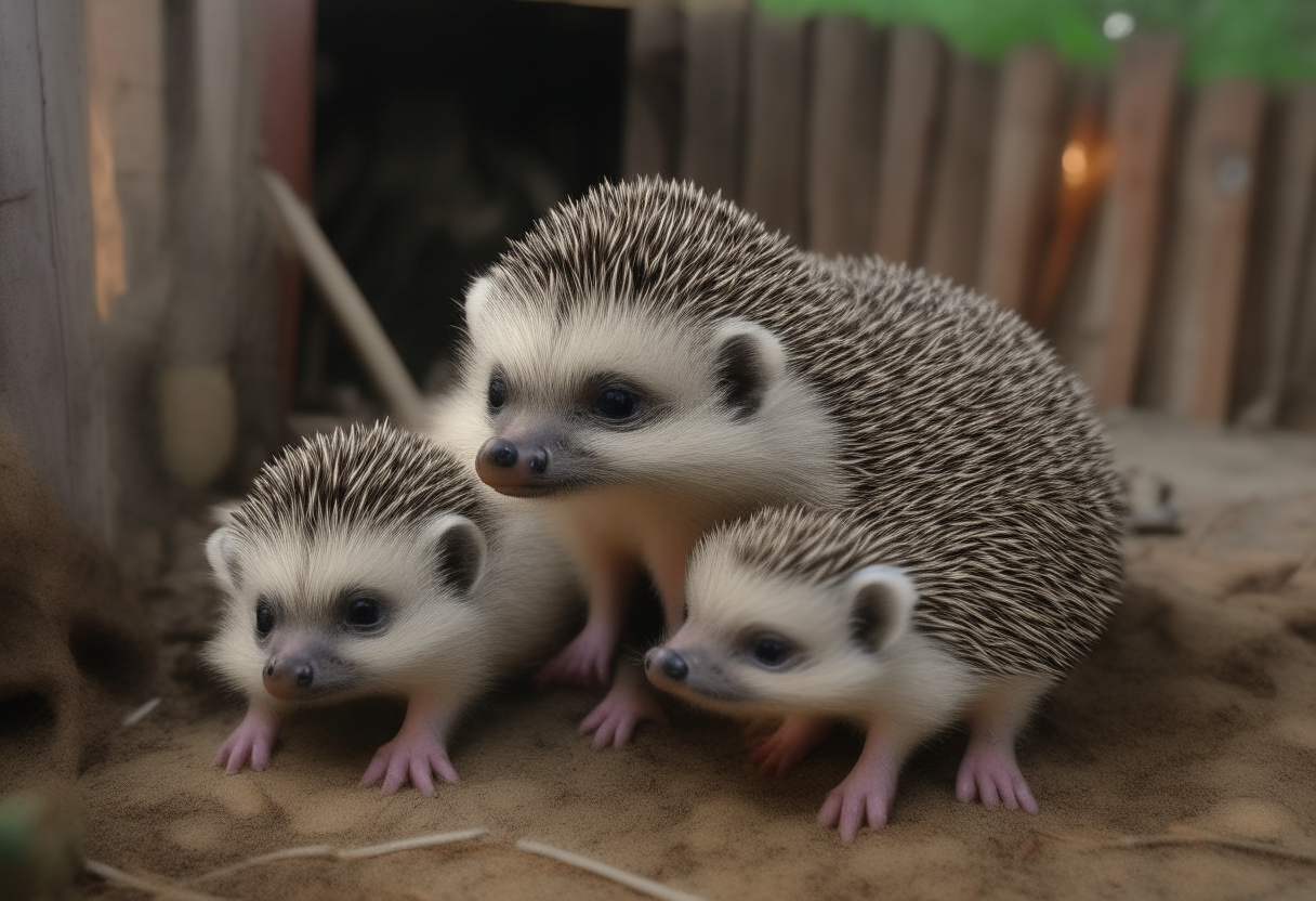 a close up of a realistic hedgehog with 2 cute babies in an abandoned yard
