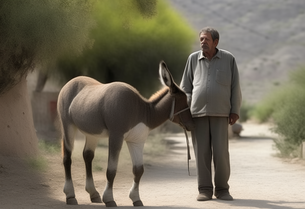 A man walking beside  a donkey 